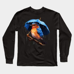 Eastern Bluebird Rainy Day With Umbrella Long Sleeve T-Shirt